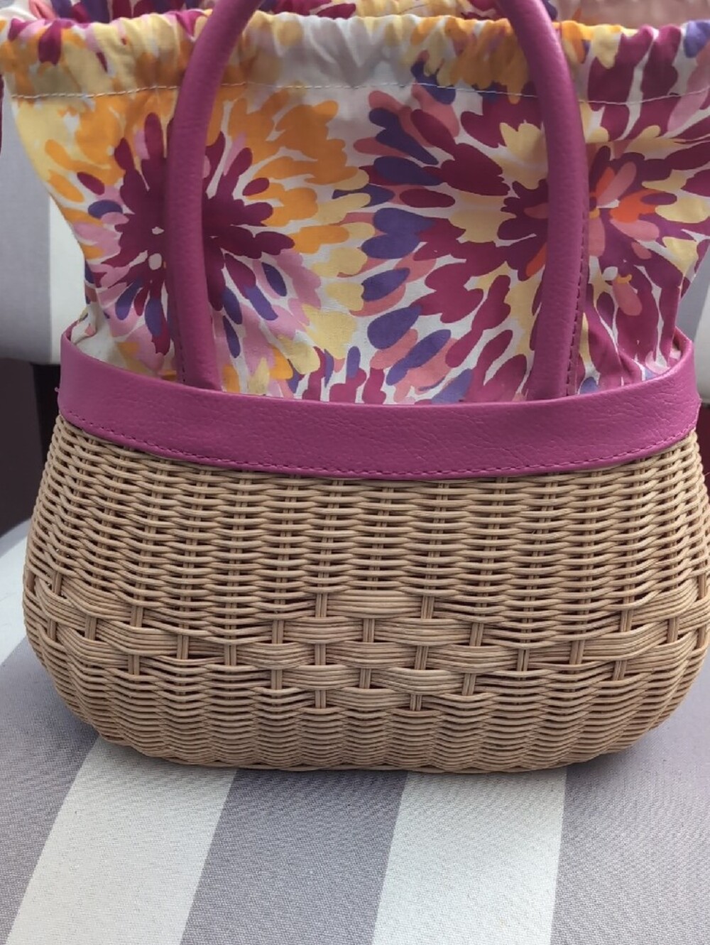 Pink Trim SMALL Woven Basket Tote with Floral Drawstring - Picture 5 of 12